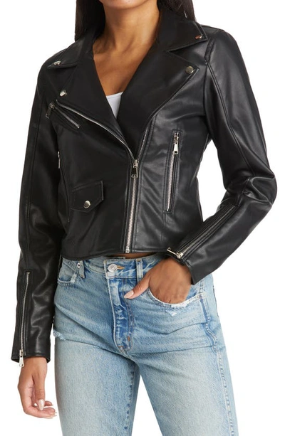 Shop Azalea Wang Faux Leather Moto Jacket With Knit Hooded Bib In Black