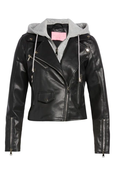 Shop Azalea Wang Faux Leather Moto Jacket With Knit Hooded Bib In Black