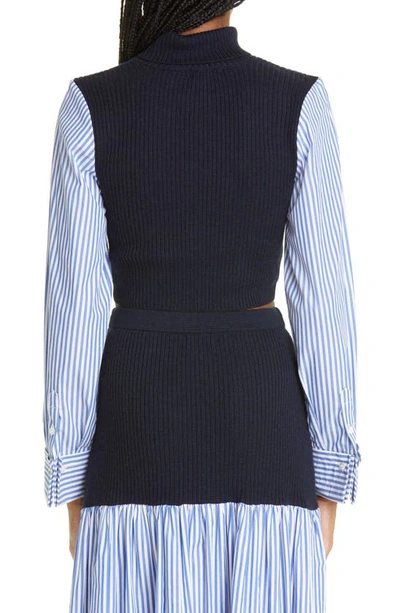 Shop Staud Louisa Mix Media Merino Wool & Cotton Crop Top In Navy/blue White Stripe