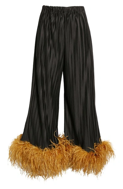Shop Dauphinette Party Pants Feather Trim Pleated Wide Leg Pants In Midnight