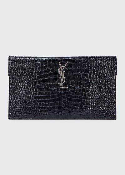 Shop Saint Laurent Uptown Ysl Pouch In Croc-embossed Leather In Black