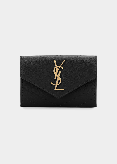 Shop Saint Laurent Ysl Monogram Small Flap Wallet In Grained Leather In Black