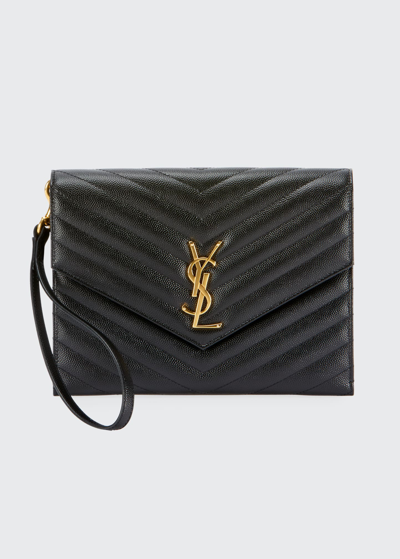 Shop Saint Laurent Ysl Monogram Flap Clutch Bag In Grained Leather In Black