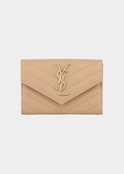 Shop Saint Laurent Ysl Monogram Small Flap Wallet In Grained Leather In Dark Beige