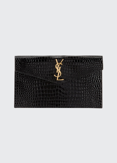 Shop Saint Laurent Uptown Medium Ysl Monogram Croc-embossed Pouch Bag In Black