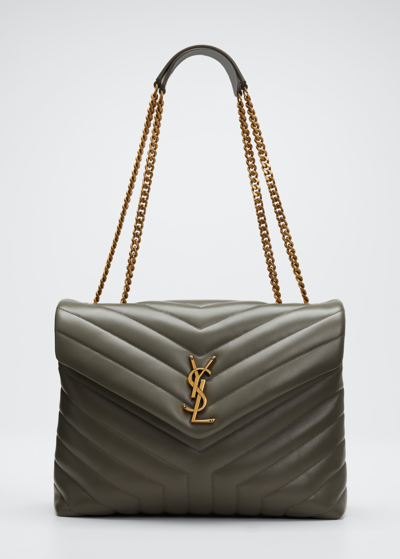 Shop Saint Laurent Loulou Medium Chain Shoulder Bag In Grey Khaki