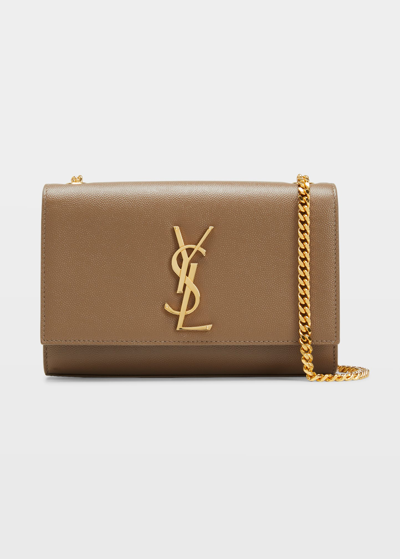 Shop Saint Laurent Kate Small Ysl Monogram Grain De Poudre Crossbody Bag On Chain In Taupe