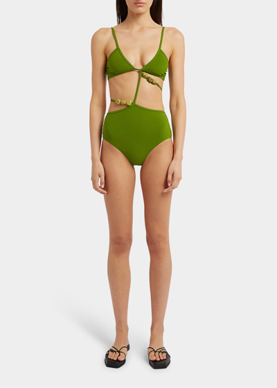 Shop Christopher Esber Displace Strappy One-piece Swimsuit In Vert Green