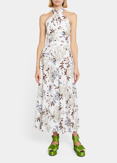 Shop Erdem Floral-print Halter Open-back Linen Dress In Tropical Bloom Wh
