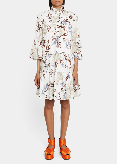 Shop Erdem Tiered Hem Frilled-trim Short Dress In Tropical Bloom Wh