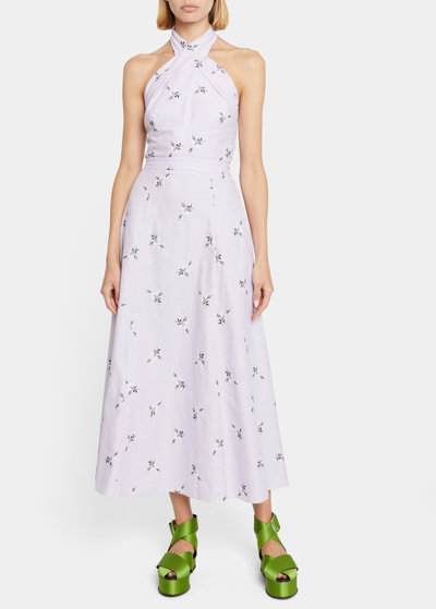 Shop Erdem Floral-embroidered Crossover Halter Midi Dress In Lilac White And O