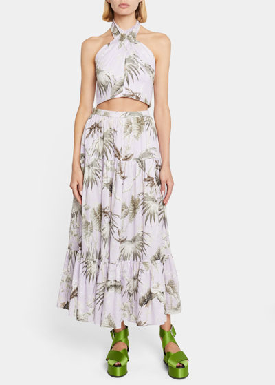 Shop Erdem Palm-print Tiered Maxi Skirt In Wild Palm Lilac