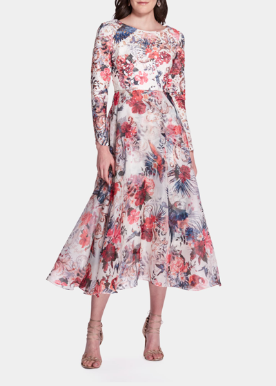 Shop Marchesa Notte Cutout Floral-print A-line Midi Dress In Ivory