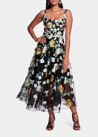 Shop Marchesa Notte Floral-embroidered Tulle Midi Dress In Black