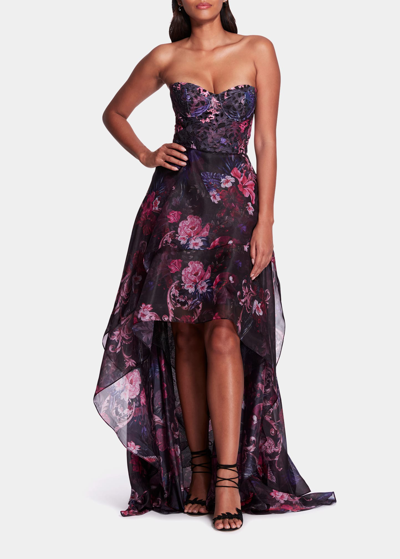 Shop Marchesa Notte Strapless Floral-print High-low Gown In Black