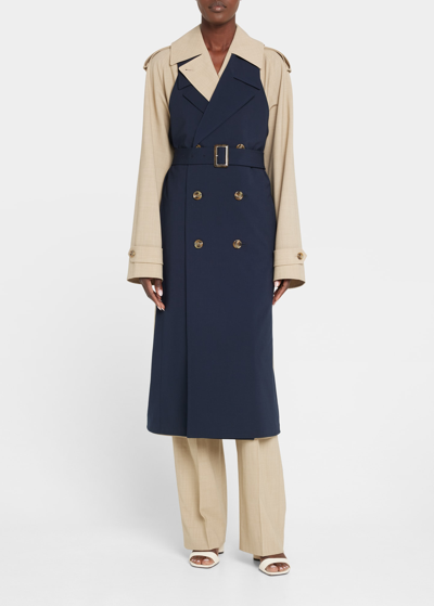Shop Adeam Bricolage Double-breasted Bicolor Belted Trench Coat In Beige X Navy