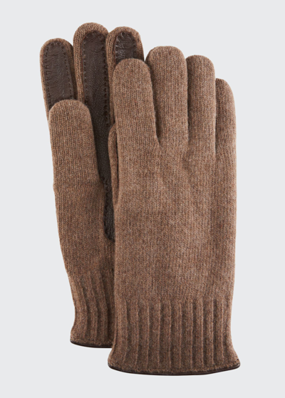 Shop Portolano Men's Cashmere Jersey Gloves W/ Deerskin Palms In Haystack