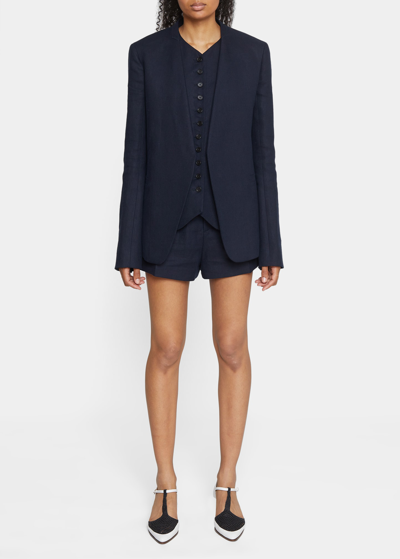 Shop Chloé Collarless Linen Single-breasted Suit Blazer In Abyss Blue