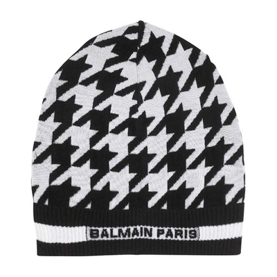 Shop Balmain Wool And Velvet Hat With Houndstooth Print In Blanc Noir
