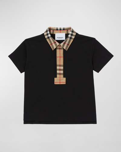 Shop Burberry Boy's Johane Micro Check Polo Shirt In Black