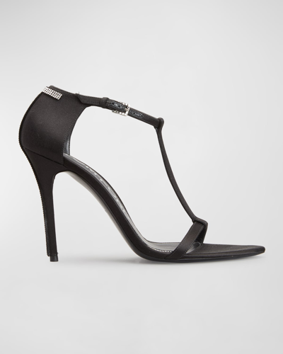 Shop Tom Ford Satin Crystal T-strap Stiletto Sandals In Black And Crystal