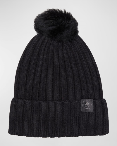 Shop Moose Knuckles Verona Toque Beanie W/ Shearling Pom In Blk Wblk Shold