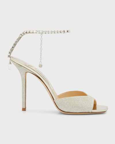 Shop Jimmy Choo Saeda Glitter Crystal Ankle-strap Sandals In Plat Ice Crys