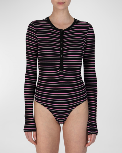 Shop Atm Anthony Thomas Melillo Long-sleeve Striped Henley Bodysuit In Black Combo