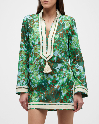 Shop Tory Burch Tory Printed Cotton Voile Coverup Tunic In Green Rayure Fleu