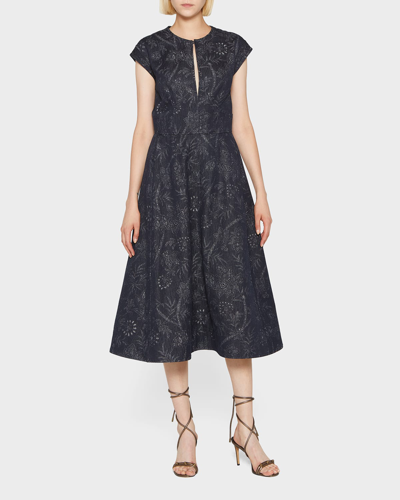 Shop Etro Printed Cap-sleeve Midi Dress In Navy