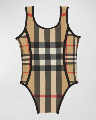 Shop Burberry Girl's Nigella Mixed Check Swimsuit In Archive Beige Ip