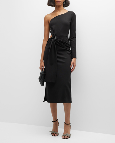 Shop Alexis Royale One-shoulder Cinched Midi Dress In Black