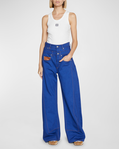 Shop Loewe Trompe Loeil Layered Wide-leg Jeans In Bright Blu
