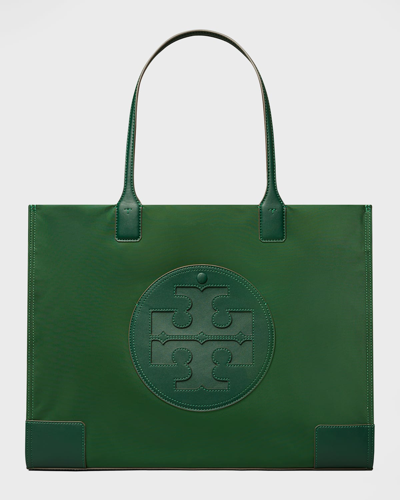 Shop Tory Burch Ella Logo Recycled Nylon Tote Bag In Dark Foliage
