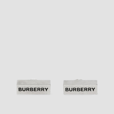 Shop Burberry Logo Engraved Palladium-plated Cufflinks In Vintage Steel