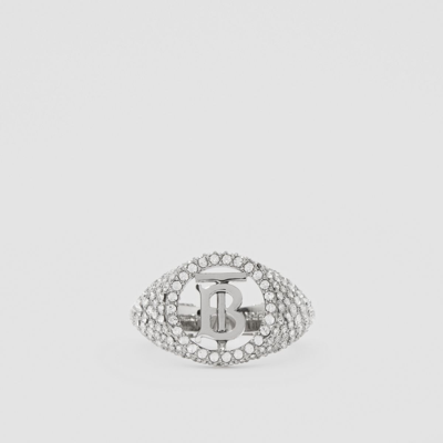 Shop Burberry Crystal Detail Monogram Motif Ring In Palladium/crystal