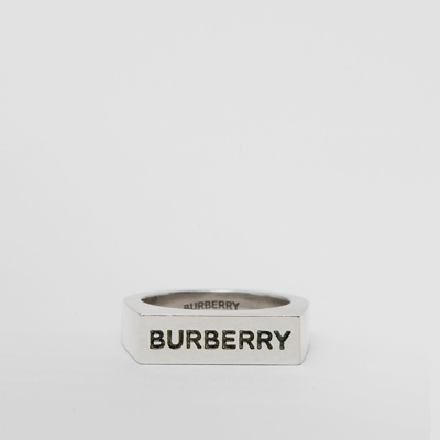 Shop Burberry Logo Engraved Palladium-plated Signet Ring In Vintage Steel