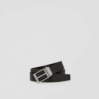 Shop Burberry Check And Leather Reversible Belt In Charcoal/silver