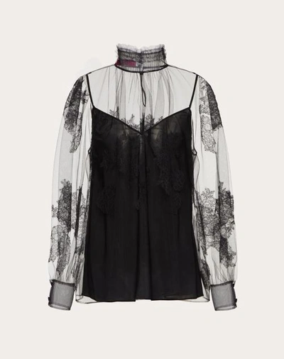 Shop Valentino Top In Tulle Illusione And Lace Woman Black 38
