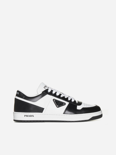 Shop Prada Downtown Leather Sneakers In White,black