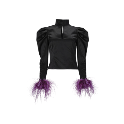 Shop Lita Couture Taffeta Blouse With Feathers In Black