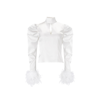 Shop Lita Couture Taffeta Blouse With Feathers In White