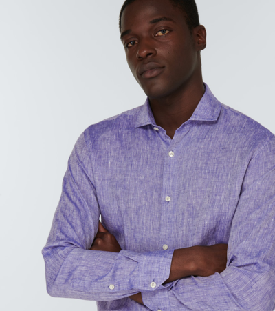 Shop Frescobol Carioca Antonio Linen Shirt In Melange Blue