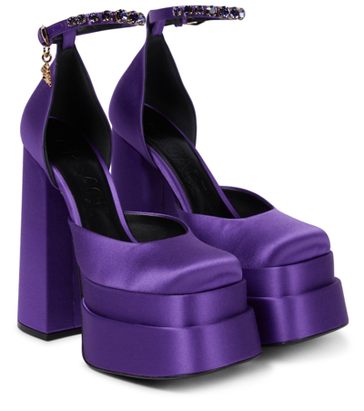 Shop Versace Medusa Aevitas Satin Platform Pumps In True Purple-oro