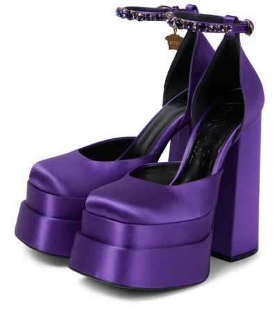Shop Versace Medusa Aevitas Satin Platform Pumps In True Purple-oro