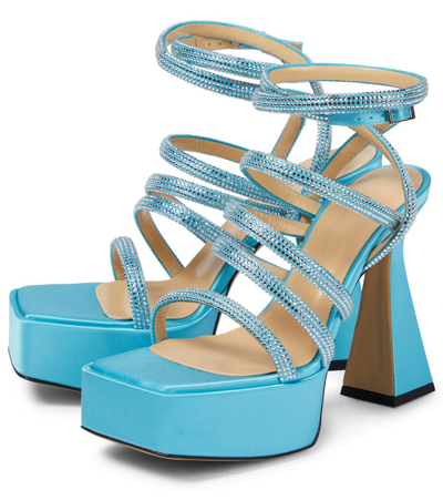 Shop Mach & Mach Sydney Embellished Satin Platform Sandals In Blue