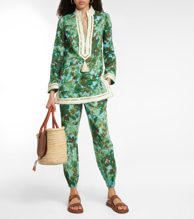 Shop Tory Burch Printed Voile Pants In Green Rayure Fleurie
