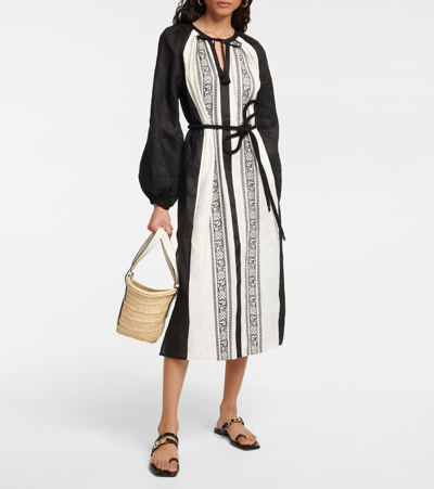 Shop Tory Burch Embroidered Linen Kaftan In Black Ivoty
