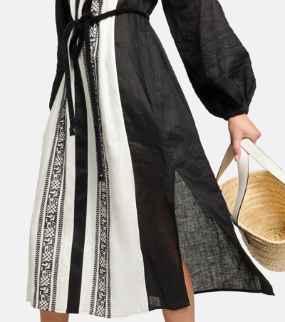 Shop Tory Burch Embroidered Linen Kaftan In Black Ivoty