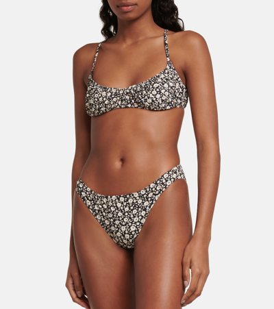 Tory Burch Floral Low-rise Bikini Bottoms In Black Tonal Ditsy